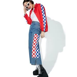 The Ragged Priest Blue High Rise Checkered Kickflip Wide Leg Jeans Size 26